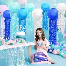 Jellyfish Lantern, Paper Lantern, Pack of 8 Jellyfish Paper Lanterns for Birthday Party Decorations, Mermaid Party Decorations, Party Supplies with Sea Motifs, Ocean Theme Party Supplies (Blue)