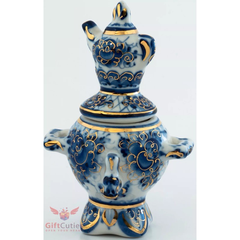 Gzhel Blue White & Gold Porcelain Samovar Teapot Figurine collectible