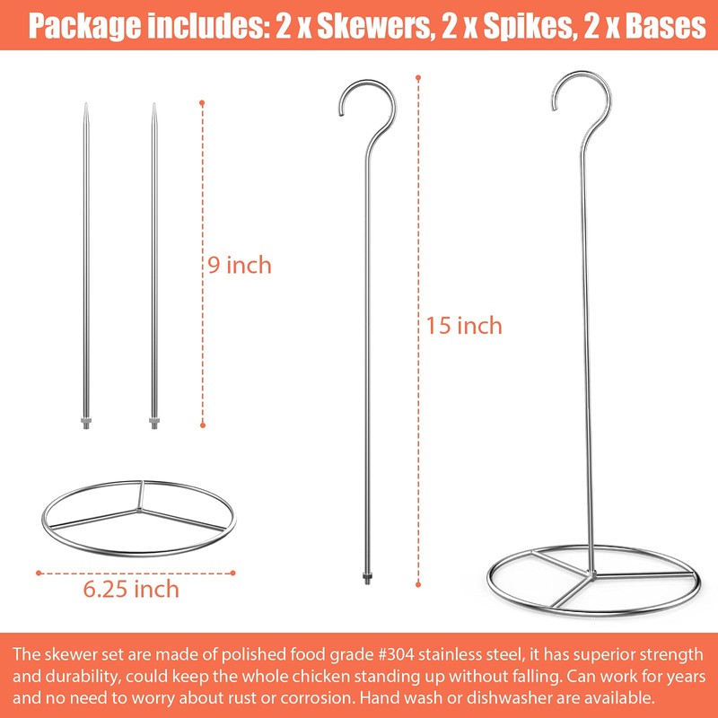 6 Pieces Stainless Steel Vertical Skewer Set, (2x15''Skewers,2x9‘’Spikes& 2x6.25‘’Bases), Multifuntion