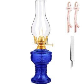 Kerosene Oil Lamp,1 Vintage Kerosene Lamp,1 Tweezers and 2 Wicks,Glass Hurricane Lantern for Indoor Lighting Decoration Outdoor Camping Use (Dark Blue)