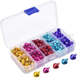 Focenat 300Pcs Coloured bells, 8mm Craft Bells Sleigh Bells Mini Bells Small Metal Bells with Storage Box for DIY Jewelry Making, Festival Christmas Decorations, Cat Collars, 5 Colors