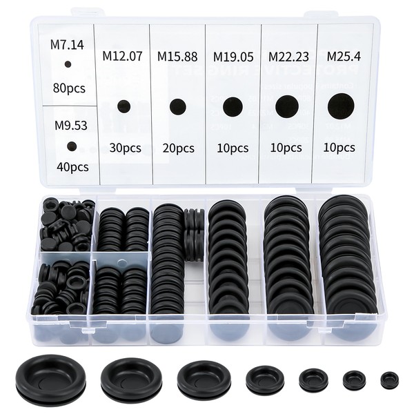 Pack of 200 Rubber Cable Grommets in 7 Different Assortments,