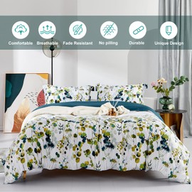 MILDLY 100% Long Staple Cotton Duvet Cover Set - Ultra Soft Yellow Green Leaves Printed Autumn Comforter Cover Set