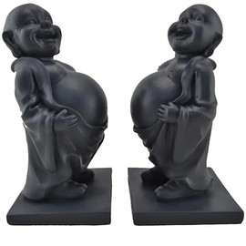 Happy Buddha Bookends, Set of 2, Black Finish