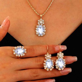 Atentuyi Gold Brides Wedding Earring and Necklace Set Ring Jewellery Set Red Green Emerald Crystal Pendant Necklace Prom Black Rhinestone Earrings Blue CZ Tears Necklace Party Bridal Earrings Fallen,