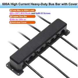 Gloaso Heavy Duty Copper Bus Bar 12V- 48V DC 600A Power Distribution Block 8X 3/8" Posts Busbar 600 Amp Battery Terminal Blocks for Automotive/RV/Trailer/Boat/Marine/Solar, Flame-retardant Base, Black