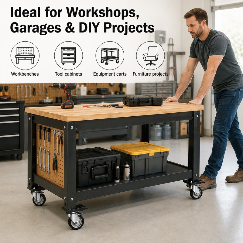Set of 4 Retractable Workbench Casters – 2.5" 360° Swivel