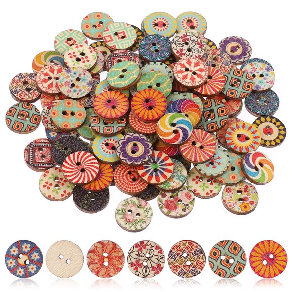 Abeillo Lot de 100 boutons en bois pour travaux manuels, assortiment de boutons ronds vintage en forme de fleurs en bois pour couture, loisirs créatifs, décoration (15 mm)