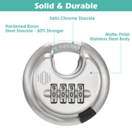 HOX Boron Shackle Combination Disc Lock, 70mm Stainless Steel Body, Heavy-Duty Weather-Resistant and Anti-Cut Padlock for Storage Units, Garages, Sliding Doors, and Cabinets (1 Pack)