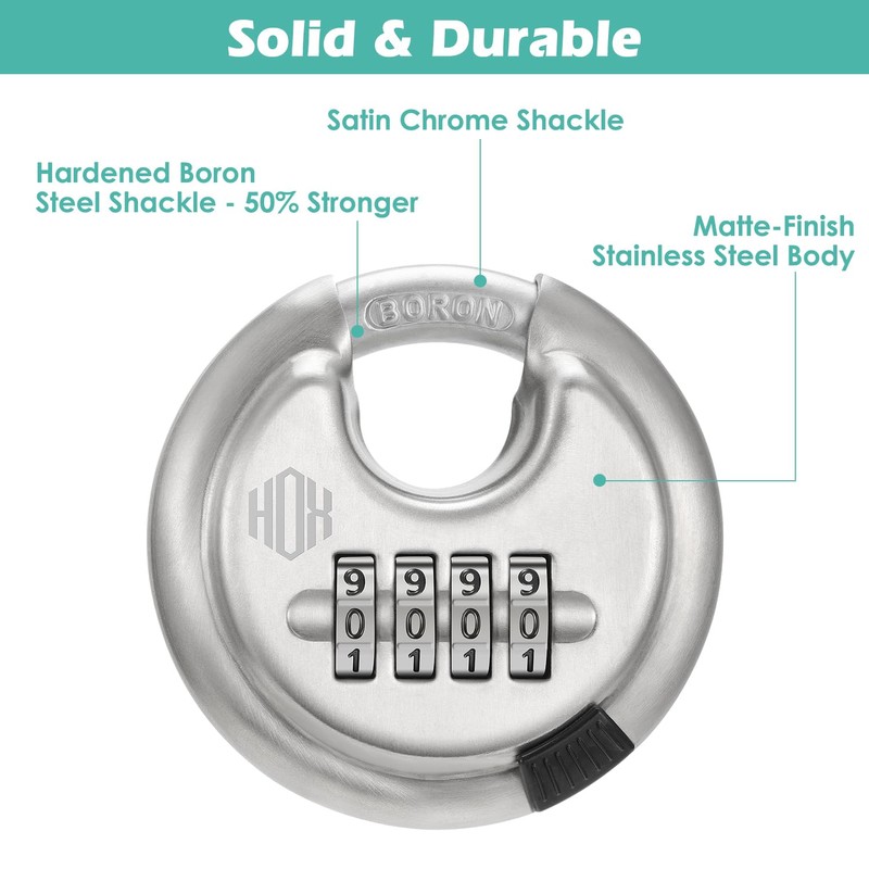 HOX Boron Shackle Combination Disc Lock, 70mm Stainless Steel Body,