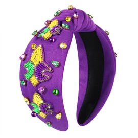 JERTOCLE Mardi Gras Headband for Women Mask Knotted Headband Purple Green Gold Crystal Rhinestone Jeweled Top Knot Headband Carnival Hair Accessories Fat Tuesday Party Favors (Fleur De Lis3)