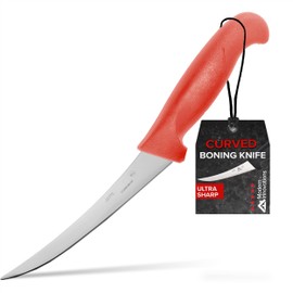 Modern Innovations 6 Inch Boning Knife, Ultimate Culinary butchers knife, Red Plastic & Stainless Steel Curved Boning Knife for Meat Cutting, Deboning & Filleting with Ultra-Sharp Stiff Blade
