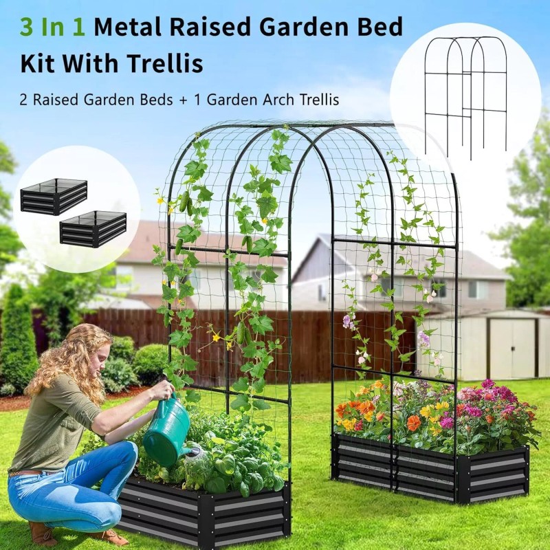 Docred Galvanized Raised Garden Bed Planter Box with Arch Trellis