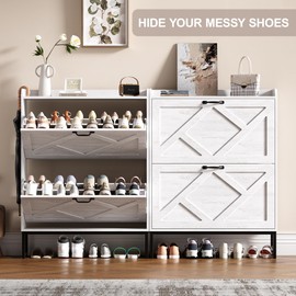 Nicetree Shoe Storage Cabinet with 2 Flip Drawers, Freestanding Shoe Organizer, Shoe Cabinet with Metal Legs, Narrow Shoe Rack Cabinet, Farmhouse Slim Shoe Cabinet for Entryway, Foyer, Hallway, White