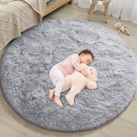 EVOIONOS Grey Round Rug for Bedroom, Fluffy Circle Rug 4'X4' for Girls Kids Room Decor, Plush Shaggy Circular Carpet for Nursery Baby Room, Soft Non Slip Rug for Living Room, Fuzzy Cute Rug for Dorm