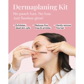 Dermaplaning Kit for Facial Hair Removal, Exfoliation, Eyebrow Shaper - FFS Beauty Metal Dermaplaning Tool w/ 2x Dermaplaning Blades for Face, Derma Blade Cover, Stand, Travel Pouch & Guide, Rose Gold