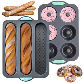 2 PCS Silicone Hamburger Bun Pan and Baguette Pan Set, Baguette Baking Mold