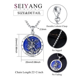 Seiyang St Michael Necklace for Men 925 Sterling Silver Round Saint Archangel Michael Pendant Medallion Protection Jewelry(Blue)