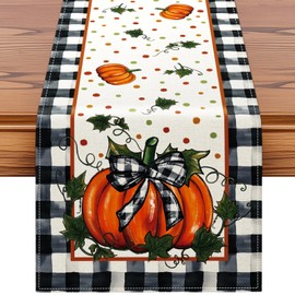 Artscope Pumpkin Bow Buffalo Plaid Fall Table Runner,Thanksgiving Holiday Kitchen Dining Table Decoration for Fall Home Decor 13x36 Inch