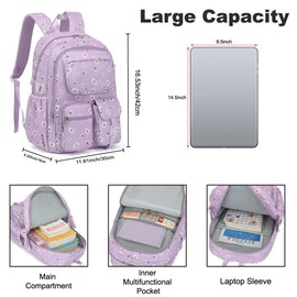 Lroiutian Girls Backpack for School, Teens Large Capacity Cute Lightweight Polyester School Bag Bookbag for Kids - Daisy Purple