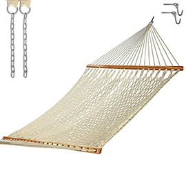 Castaway Living 13 ft. Double Traditional Hand Woven Oatmeal Polyester Rope Hammock with Free Extension Chains, and Tree Hooks, for 2 People with a Weight Capacity of 450 lbs.