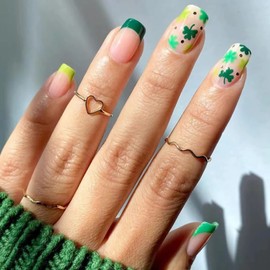 BABALAL Square Press on Nails Short Green Glue on Nails St Patrick's Day Acrylic Nails with Shamrock design Squoval Nails for Women and Girls