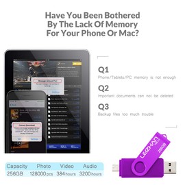 LEIZHAN 256GB Memory Stick USB Dual Port(USB 2.0 & Micro USB) Rotabable Pen Drive 2 in 1 USB flash Drive for Android Smartphones & Tablets & Laptops PC (Purple)