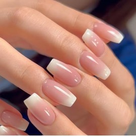 24Pcs False Nails Short, Nude Pink Gradient Square Press on Nails, Fake Nails Short, Full Cover Acrylic Stick on Nails for Women and Girls