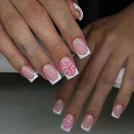 FIEONCIY Press on Nails Short Square Shaped Glossy Full Cover Square French False Nails with Designs Artificial Short Square Fake Nails with Charms Glue Stick ons Fingernails for Women Girls(JP3513)