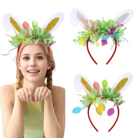 fdsmall 2Pcs Easter Headbands for Women Cute Sparkly Rabbit Ears Eggs Color Bar Cartoon Hair Accessory Holiday Jewelry (Silver and Gold, One Size)
