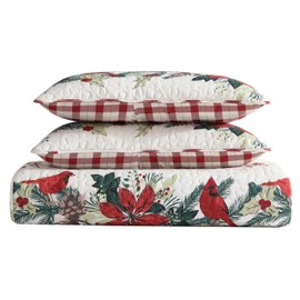 Beatrice Home Fashions Lightweight King Holiday Quilt Bedding Set Cardinal Garland, Poinsettia, White, Red, Green
