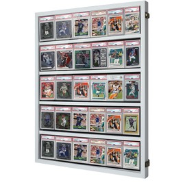 Wooden Sports Card Display Case, Lockable Plexiglas Frame with UV Protection for 35 Graded Football, Baseball, and Basketball Trading Cards, Wall Display Holder for Collectors, White