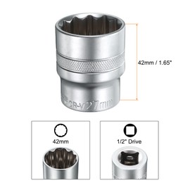 sourcing map 1/2" Drive by 27mm 12-Point Shallow Socket 42mm Length Metric Spline Socket
