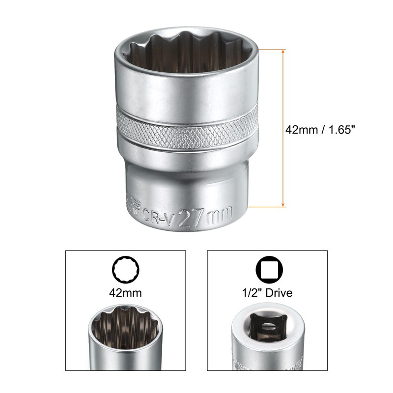 sourcing map 1/2" Drive by 27mm 12-Point Shallow Socket 42mm