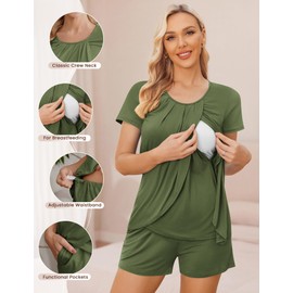 Ekouaer Women's Maternity Nursing Pajamas Set Breastfeeding Sleepwear Double Layer Short Sleeve Top & Shorts Nursing Pjs Army Green L
