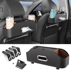 Car Back Seat Organizer with 2 Drink Cup Holder,Leather Car Organizer Backseat,Tissue Box and Storage Box Hook,Headrest Hooks,Phone Stand Holder,Multi-functional Storage,Car Travel Accessories (Black)