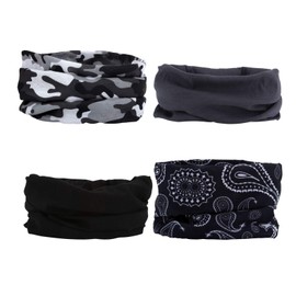 [SMEHCF] 4 Headband Bandana Balaclava Half Face Mask Shield Head Hair Scarf Neck Gaiter Hat Multipurpose Breathable Reusable Washable Camouflage Cashew Flower, Black, Grey