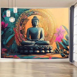 FENDROM Meditation Tapestry Gloden Buddha Zen Happiness Wall Hanging Large Tapestries Psychedelic Wall Art Decorations Bedroom Living Room Dorm