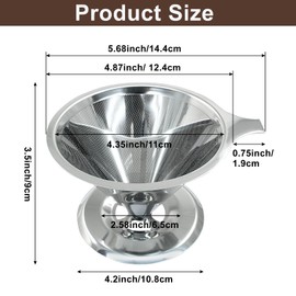 Waziaqoc Pour Over Coffee Dripper, Slow Drip Paperless Coffee Filter, Stainless Steel Pour Over Coffee Maker for 1-4 Cups Brew, Double Mesh Design of Manual Reusable Cone Filter
