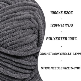 Plush Chunky Chenille Yarn for Crocheting, Soft Fluffy Velvet Yarn for Crocheting, Fuzzy Baby Blanket Knitting Yarn, 100g/131yds Bulky Amigurumi Yarn（Dark Gray）
