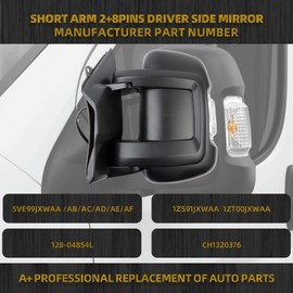 Dasbecan Left Driver Side Mirror Replacement CH1320376 for Ram Promaster 1500 2500 3500 2014-2019 Heated Power Glass Manual Fold Turn Signal Light Temperature Sensor Short Arm 8+2 Pins 55VE99JXWAE