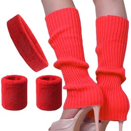 Song Qing Women 80s Dance Plain Ribbed Running Headband Wristbands Knit Crochet Long Leg Warmers Set