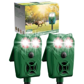 Solar Ultrasonic Animal Repellent with Motion Sensor - Waterproof Deer Repellent Device with LED Lights for Yard, Effective Against Deer, Coyotes, Raccoons & Cats (2, Green and Black)