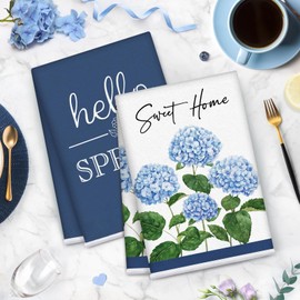 Dujoju Blue Hydrangea Hello Spring Kitchen Towels, Sweet Home Flower Dish Towels, 17x26 Inch Decorative Hand Towels Set of 2, Gifts for Spring Summer Holiday Floral Decorations for Home Farmhouse