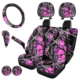 KEIAHUAN Pink Camo Front and Rear Bench Seat Cover Full Set,Camouflage Steering Wheel Cover,Car Headrest Cover,Coaster,Gear Shift Knob Cover with Handbrake Cover,Car Accessories Set