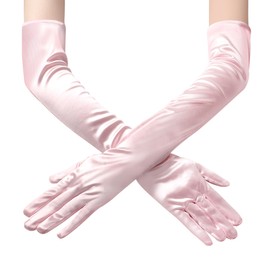 JUNART Long Satin Gloves,Elegant Elbow Length Gloves for Opera Party, Wedding, Evening Dresses,Carnival Costume, Dance (Pink)