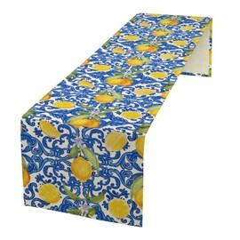 Camino de mesa de limón acuarela con figura azul fruta, hojas verdes, patrón de mantel, decoración de jardín, granja, boda, fiesta, día festivo, cena, hogar, 13 x 90 pulgadas