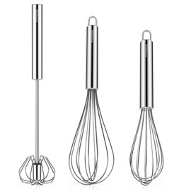 NileHome Edelstahl-Schneebesen-Set, 20,3 cm, 25,4 cm, Handmixer + 30,5 cm halbautomatischer rotierender Küchenbesen, Ballon-Schneebesen, Küchen-Wisk, Drahtbesen zum Kochen, Rühren, Rühren, Rühren, 3