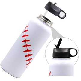 40 oz Baseball Water Bottle, Sports Flask Metal Travel Tumbler with 2 Lids 18/8 Stainless Steel Double Wall Vacuum Insulated Hot/Cold (40oz, White baseball)