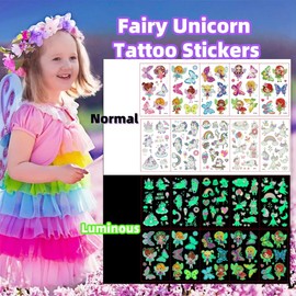 10 Sheets Children's Tattoos Girls, Fairy Unicorn Tattoos Girls Children's Birthday Party Favours Gift Girls 3 4 5 6 7 8 9 10 Years Toy Girls Luminous Tattoos Children Butterfly Decoration Birthday